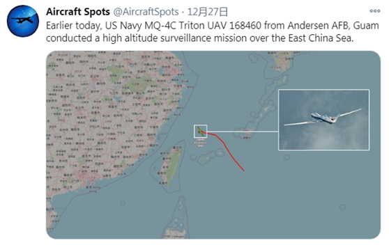 Aircraft Spots于12月27日公布的MQ-4C無人機(jī)在東海飛行路線