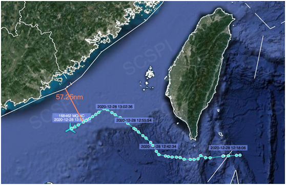 “南海戰(zhàn)略態(tài)勢感知”計劃平臺12月28日發(fā)布的美軍MQ-4C無人機(jī)飛行路線